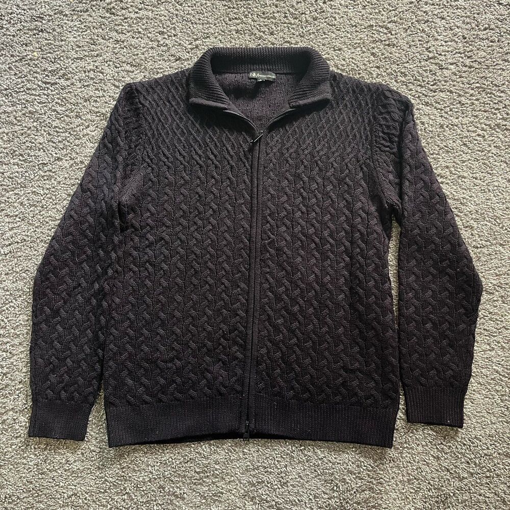 VTG Neiman Marcus Full Zip Sweater Wool Cable Knit Fisherman Chunky Black Large